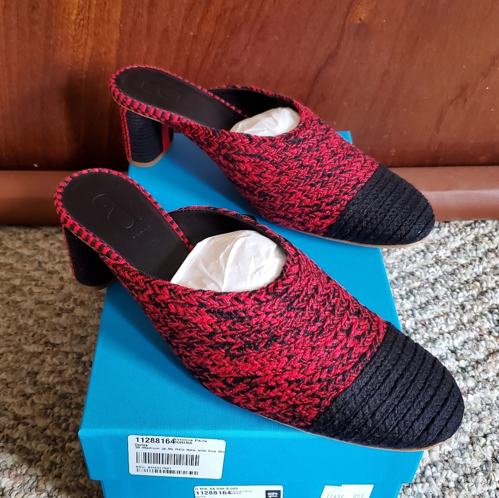 NIB ANTOLINA PARIS Dorina Red Black Woven Knit Block Heel Pumps Mules sz 38 - Picture 7 of 11